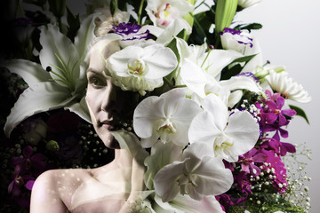 Flower and beauty. double exposure of flowers and beautiful woman.