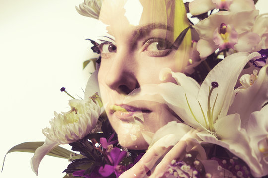 Flower and beauty. double exposure of flowers and beautiful woman.