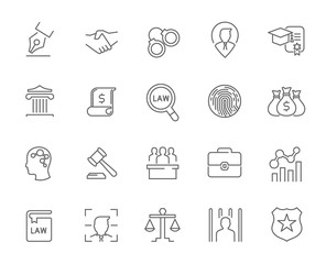 Fototapeta premium Line icons of law and lawyer services , Justice ,Business and people icon identity. Design for website mobile application infographic . Thin line icon vector set