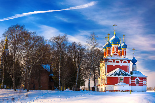 Russian Orthodox Church in Uglich on the background of a cold winter sunny blue sky. Cathedral in the snow covered city.