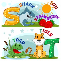 Colored cartoon English alphabet with S and T letters for children, with pictures of these letters with a shark, strawberry, sun, frog, toad and a tiger.
