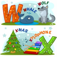 Obraz na płótnie Canvas Colored cartoon English alphabet with letters W and X for children, with pictures to these letters with a whale, a wolf, a Christmas and a xylophone.