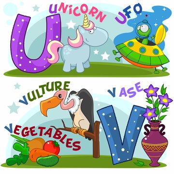 Colored cartoon English alphabet with U and V letters for children, with pictures of these letters with a unicorn, UFO, vulture, vegetables and a vase.