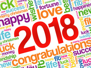 Fototapeta na wymiar 2018 year greeting word cloud collage, Happy New Year celebration greeting card