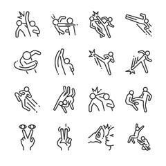 Fight action line icon set. Included the icons as punch, kick, hook, strike, smash throw, assault and more.