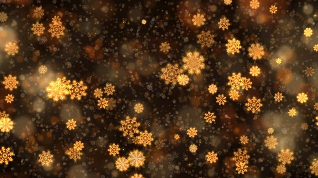 Gold abstract christmas snowflakes background. Computer generated seamless loop animation.