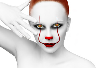 Redhead woman with scary clown grimm.