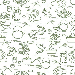 Cute vector pattern with bonsai tree, minimal rock garden, japanese lucky cat Maneki Neko, carp koi and other.