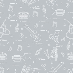 Vector pattern of sheet music and different musical toys: guitar, drum, trumpet, xylophone, maracas and other.