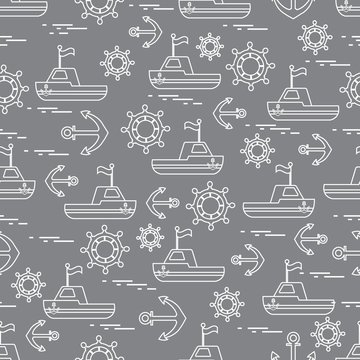 Cute seamless pattern with ships, steering wheels, anchors, flags. Marine theme.