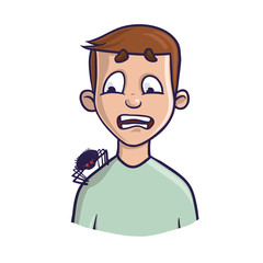 Arachnophobia. The fear of spiders and other arachnids. A frightened young man and the spider on his shoulder. Vector Illustration, isolated on white background.