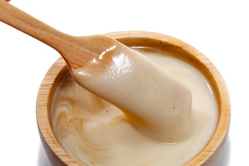 mash potato on wooden bowl