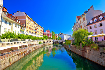 Fototapeta na wymiar City of Ljubljana historic riverfont view