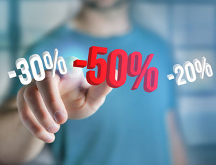 Sales promotion 20% 30% and 50% flying over an interface - Shopping concept