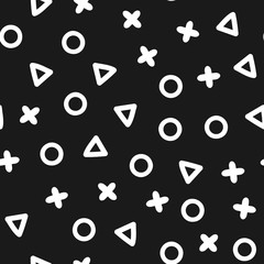 Geometric seamless pattern with circles, triangles, crosses. Sketch, doodle. White elements on black background.