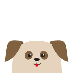Dog puppy head looking up. Cute cartoon character. Pet baby collection. Mouth with tongue. Eyes two brown spots. Isolated. White background. Flat design.