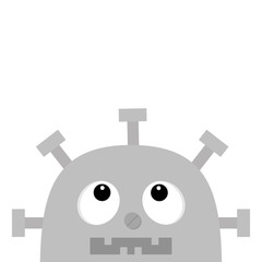Robot head face looking up. Screw nose, clock heart, diagram, open mouth with tooth. Cute vintage cartoon character. Gray metal. Baby collection. Flat design. White background. Isolated.