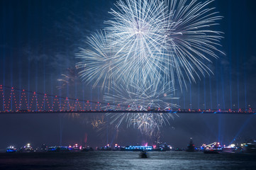Fireworks over Istanbul Bosphorus during Turkish Republic Day celebrations. 15th July Martyrs...