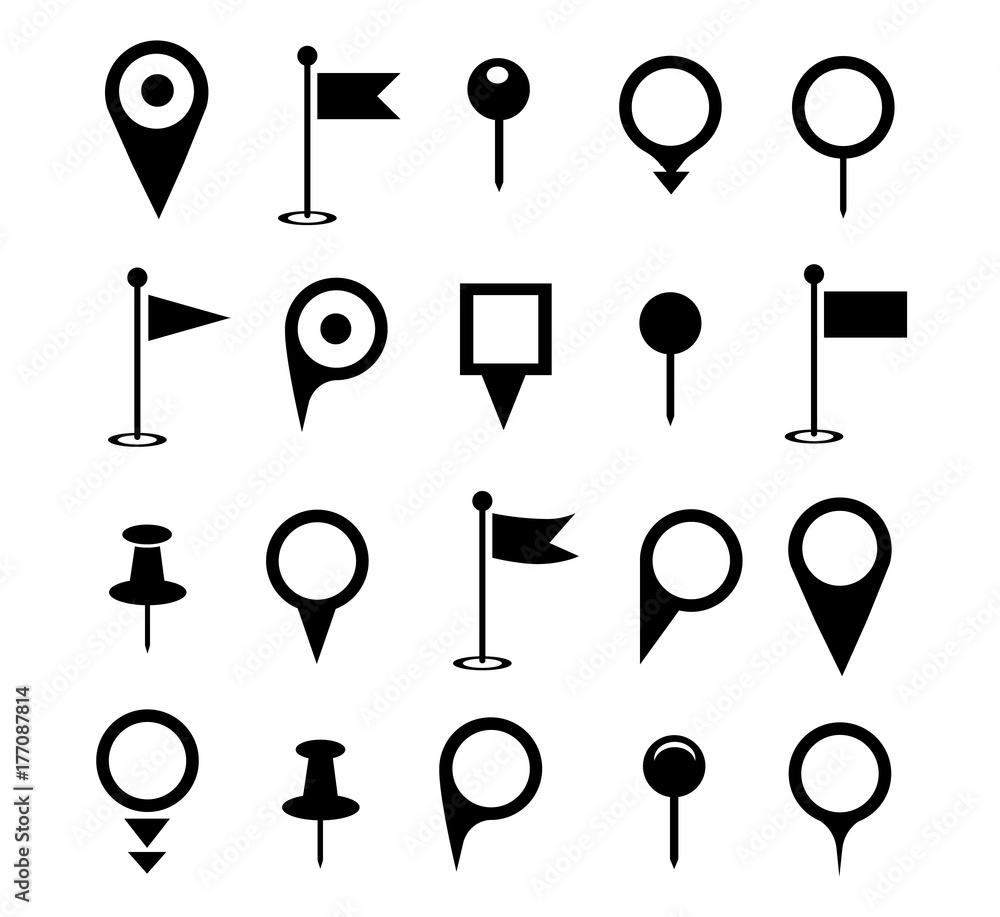 Poster map pin icons. black place pointer or location marker signs isolated on white background. location p