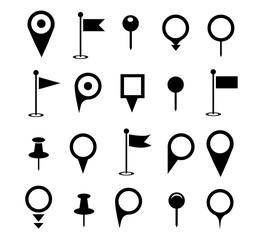 Map pin icons.  black place pointer or location marker signs isolated on white background. Location pinpoint for gps navigation illustration