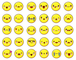 Big emotional face icons set kawaii.Flat design  Illustration