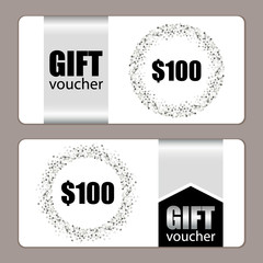 Set of festive luxury gift voucher templates with glamour silver glitter confetti