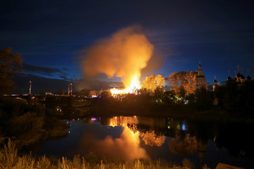 Fire in the city at night