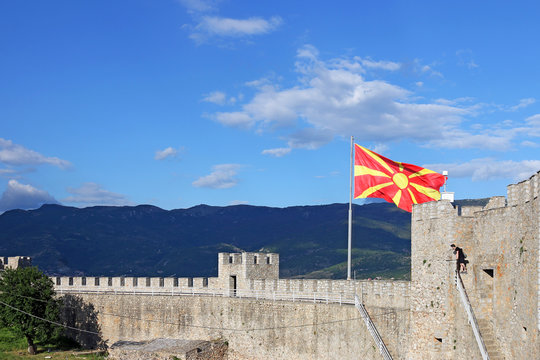 The Macedonian flag on the Samuil fortress Ohrid Macedonia