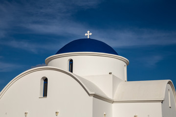 White church with a blue roof. Cyprus.