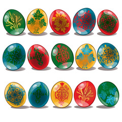 Easter eggs with ethnic and floral pattern yellow, red, blue, green color. Set of holiday symbols. Vector illustration isolated on white background