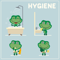 Set of funny frog is hygiene: showering, washing hands, brushing her teeth. Collection of isolated frog in cartoon style for rules of child hygiene. - 177093259
