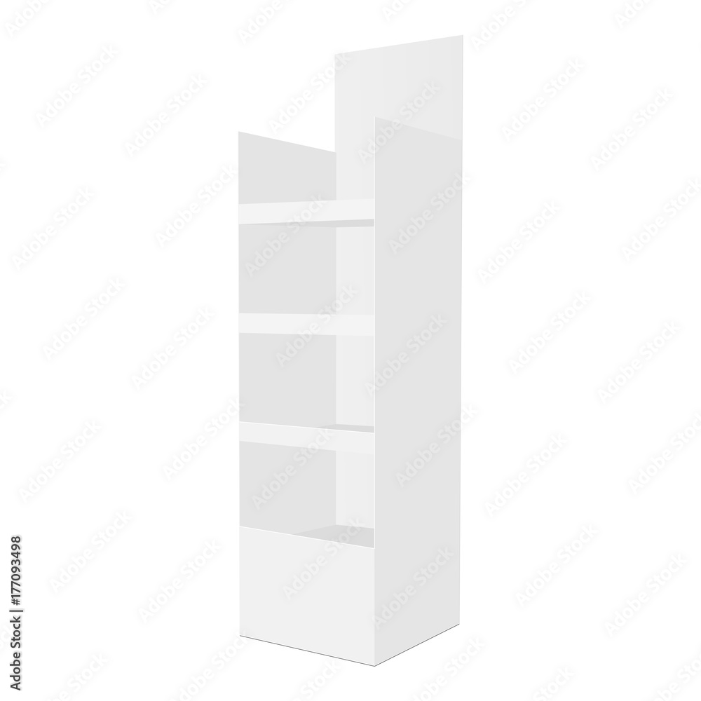 Poster white floor cardboard display with shelves isolated. half side view mockup for create your product d