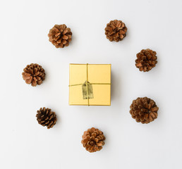 Christmas ornamate brown gift box and pine cones fresh green branch on white background,flat lay