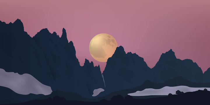 paysage, montagne - lune - clair de lune - aube - Alpes - lever du jour - chaine de montagne