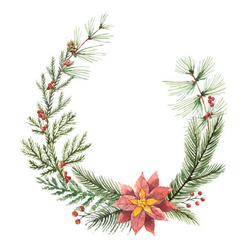 Watercolor vector Christmas wreath with fir branches and flower poinsettias.