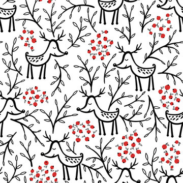 Deer and berries vector seamless pattern