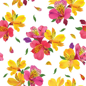 Flower seamless pattern with beautiful alstroemeria lily flowers on white background template. Vector set of blooming floral for wedding invitations and greeting card design.