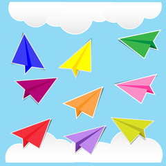 Color paper plane stickers with shadows
