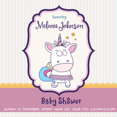 Beautiful baby shower card template with lovely baby girl unicorn