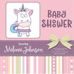 Beautiful baby shower card template with lovely baby girl unicorn