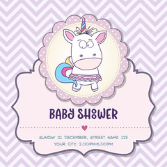 Fototapeta premium Beautiful baby shower card template with lovely baby girl unicorn