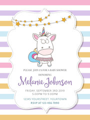 Beautiful baby shower card template with lovely baby girl unicorn