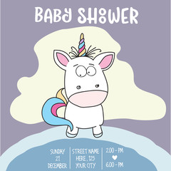 Obraz na płótnie Canvas Beautiful baby shower card template with lovely baby unicorn