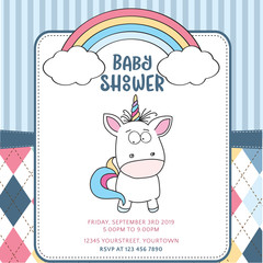 Beautiful baby shower card template with lovely baby unicorn