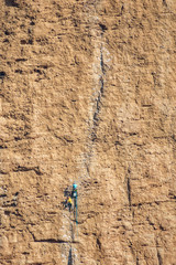 Group of male climbers hanging by a cliff in a row