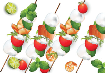 Tomatoes and mozzarella snack sticks Realistic Vector. Healthy food for menu, print, label, flyers