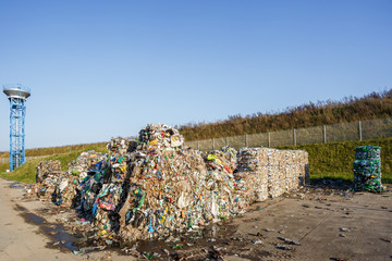 Plastic bales at the waste processing plant. Separate garbage collection. Recycling and storage of...