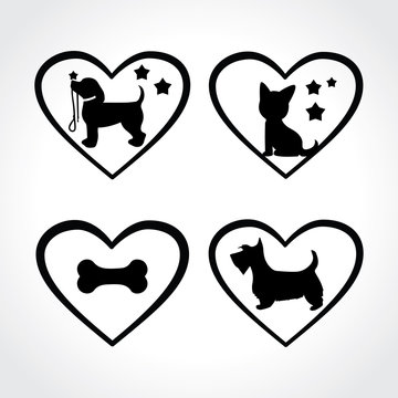 Printdog inside heart shape, vet logo, pet care logo, dog care taker, dog clinic logo, icons