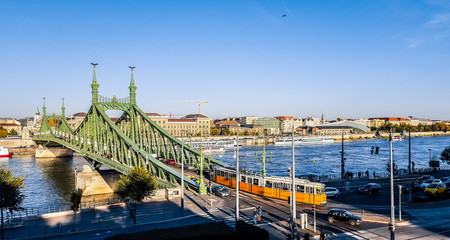 Szabadsag hid (Liberty Bridge or Freedom Bridge) in Budapest, Hungary connects Buda and Pest across the River Danube.