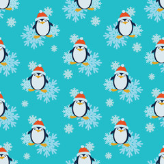 Penguin in a red hat and snowflakes.  Seamless pattern. Design for textiles, tapestries, gift wrapping.